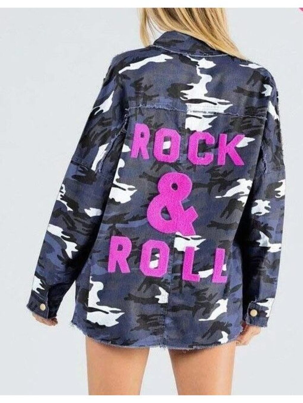 Davi & Dani Rock & Roll Camo Shacket Blue Pink Distressed Denim Jacket S